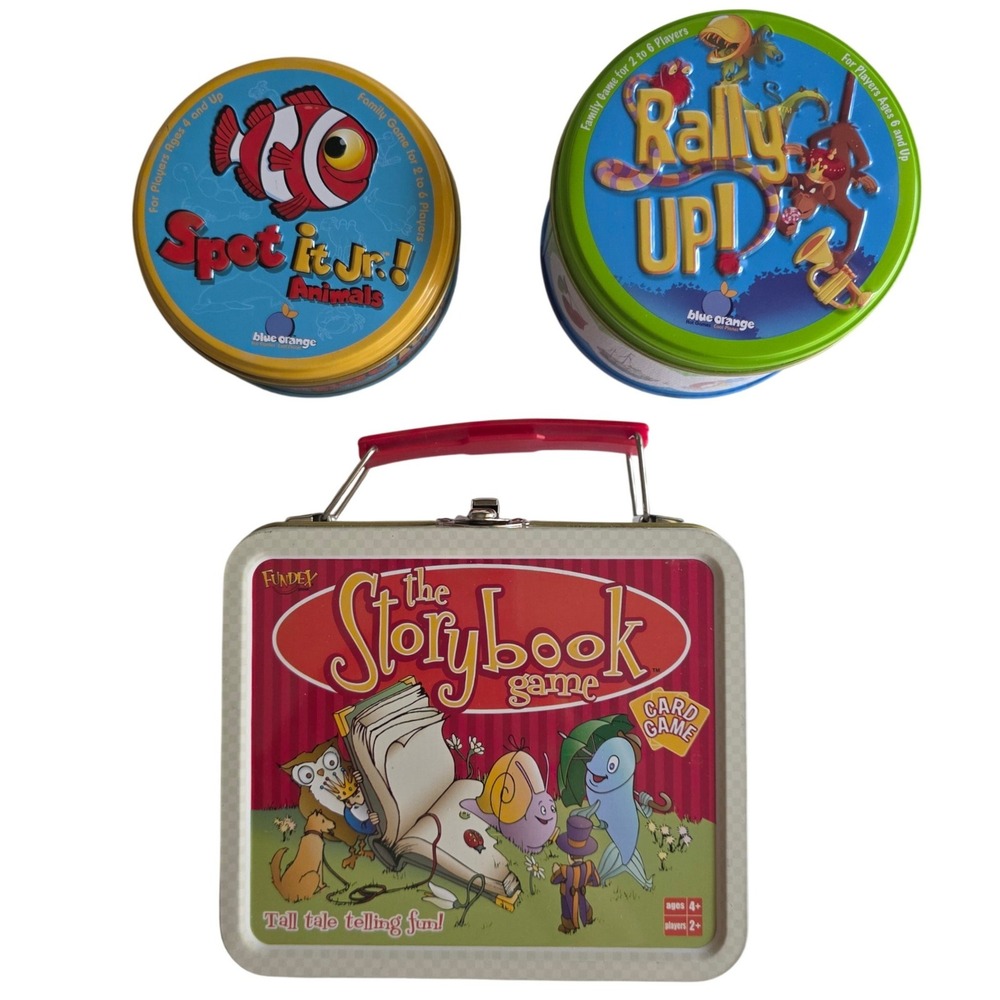 Lot of 3 Metal Tin Card Games Spot It Jr Animals, Rally Up, The Storybook Game